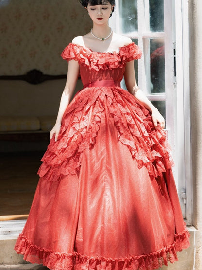 Wine Red/Pink Vintage Lace Ruffle Trim Off-the-shoulder Neckline  Dress