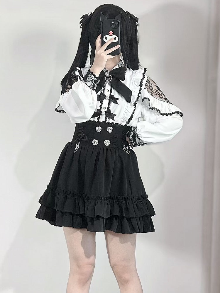 Skirt Decorated Jirai Heart Rhinestone Tiered Lace-up Kei Details Black