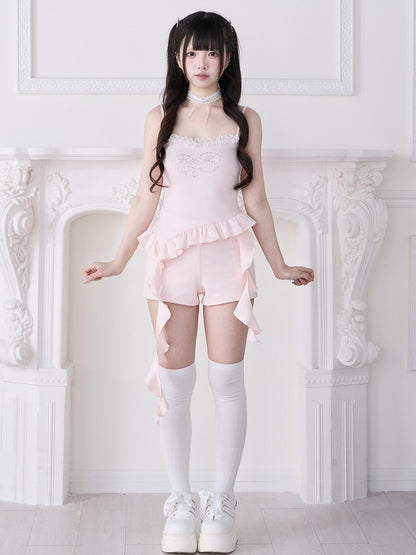 Pink Ryousangata Lace Rhinestone Cami Top with Ruffle & Ribbon