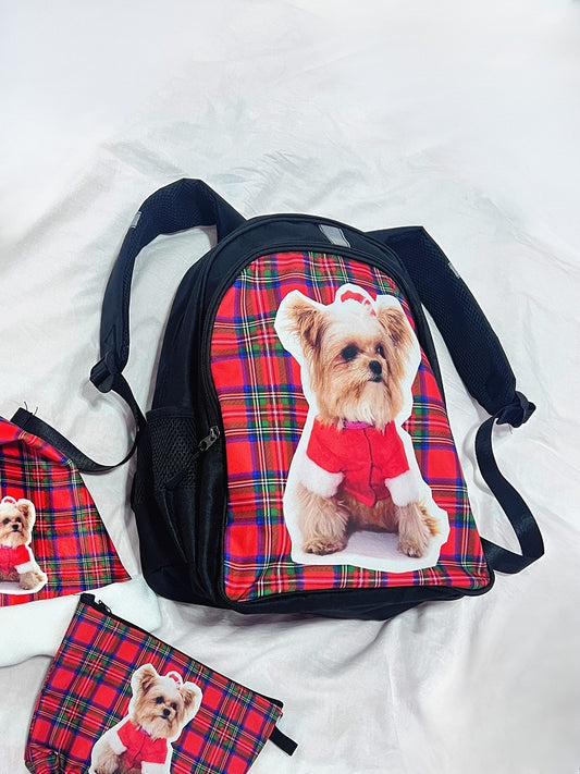Red Christmas Backpack With Plaid Pattern And Puppy Print