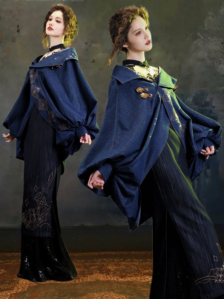 Blue Vintage Batwing Sleeve Outerwear with Chinoiserie Floral Embroidery - sijinstudio