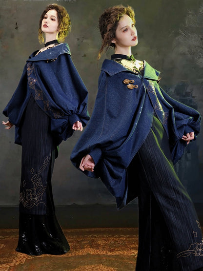 Blue Vintage Batwing Sleeve Outerwear with Chinoiserie Floral Embroidery - sijinstudio