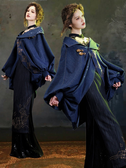 Blue Vintage Batwing Sleeve Outerwear with Chinoiserie Floral Embroidery - sijinstudio