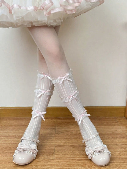 Lolita Calf Socks with Striped Ruffle & Bow Accents, 6-Color Options - Fat Bear Story