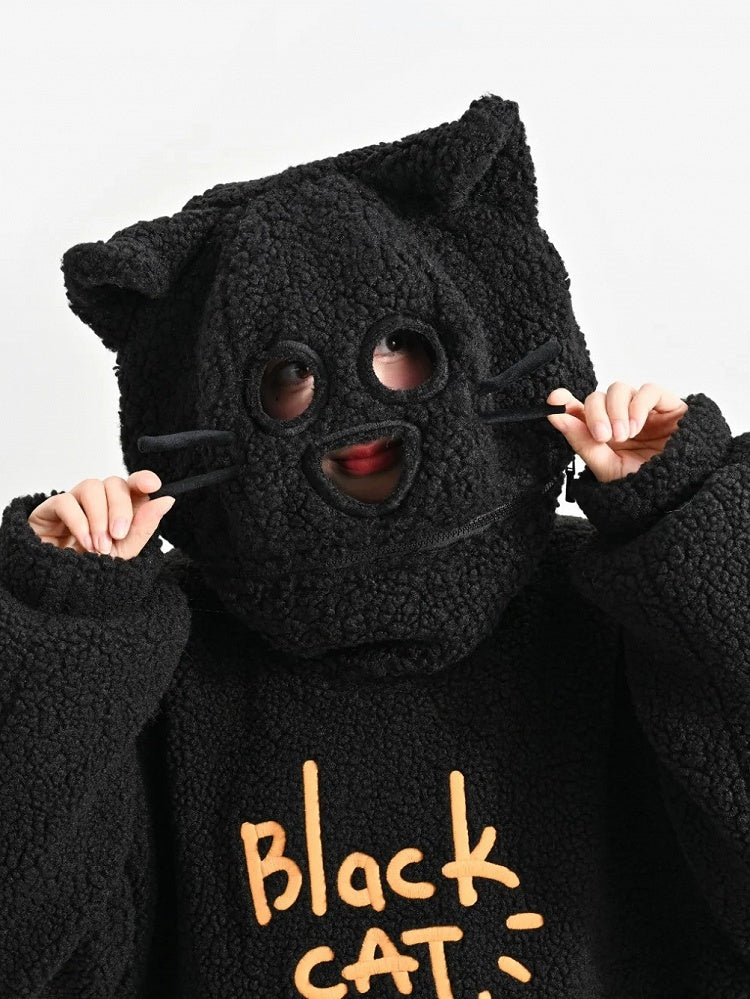 Black Cat Head Hood Fleece Hoodie