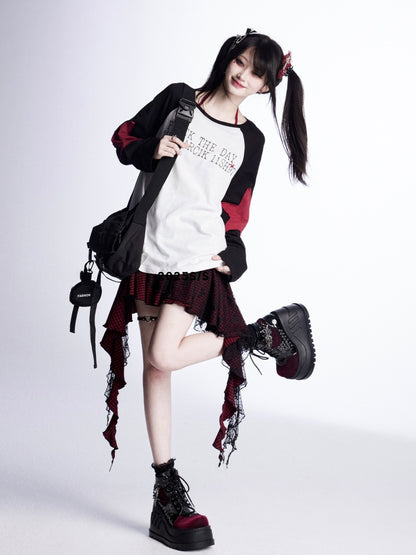 Lockere Oberteilärmel, schwarz-weißes Colorblock-Design, Sternapplikationen