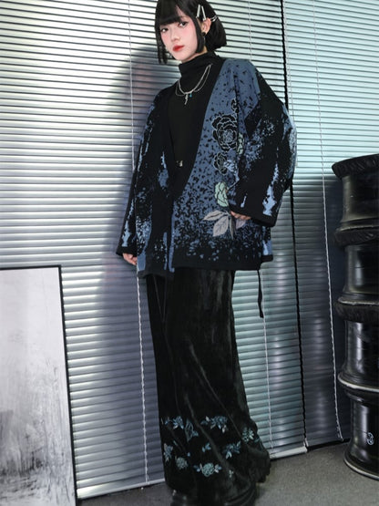 Wide-Leg Cheongsam Floral Gothic Bird Black Embroidery Chenille with Pants