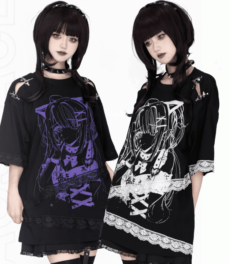 and Fastener Shoulder Anime Girl Graphic T-Shirt Black Decorative Black White / with Lace Embellishment Purple