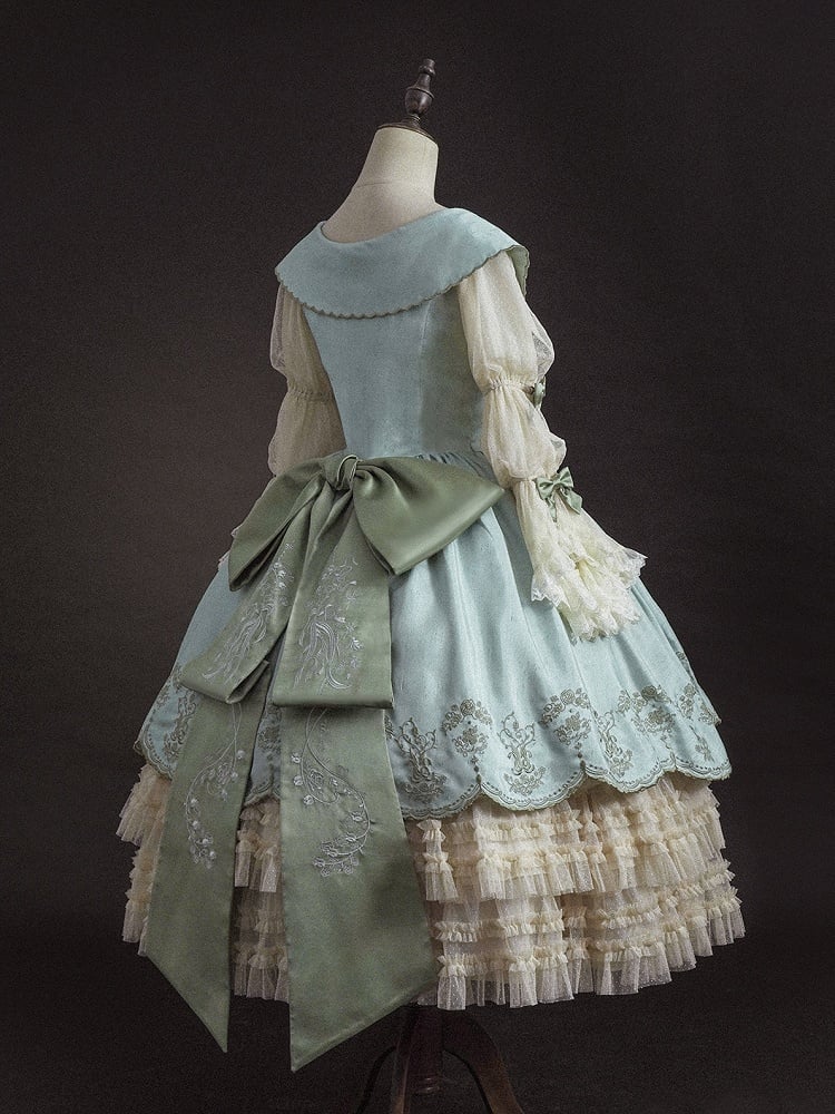 Dress Cascading of Lolita Valley Green Slit Lily Embroidery Light Ruffle Side Classic the with