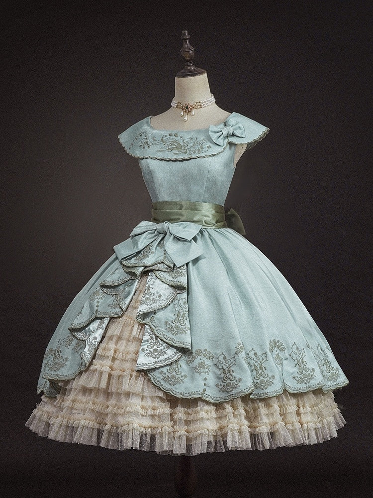 Dress Cascading of Lolita Valley Green Slit Lily Embroidery Light Ruffle Side Classic the with