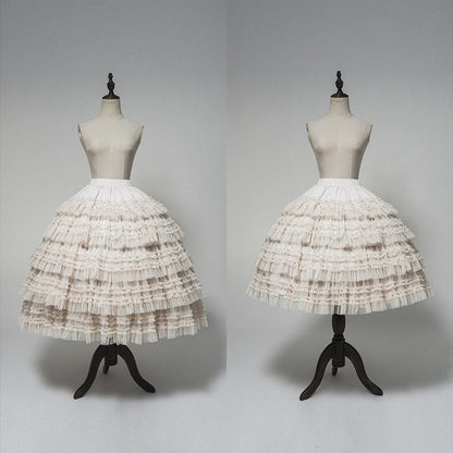 Waist Layered Lolita Skirt Under Beige Elastic Ruffles