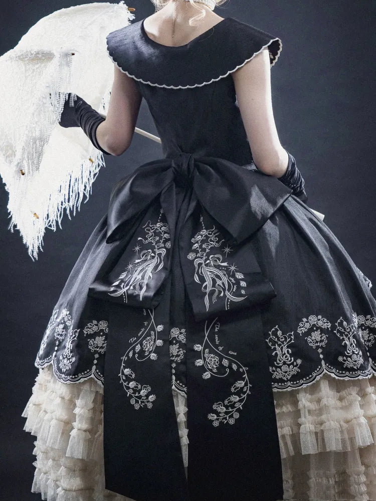 Floral Pink Train Green Embroidery / Bow Big Black