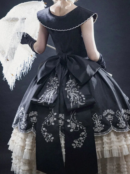 Floral Pink Train Green Embroidery / Bow Big Black