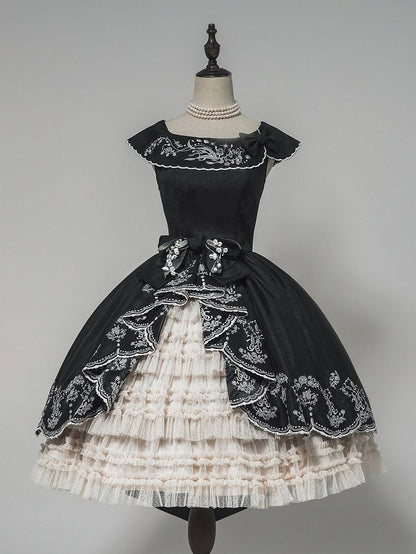 Dress Black Lily with Elegant of Valley Classic Embroidery Beige the Lolita