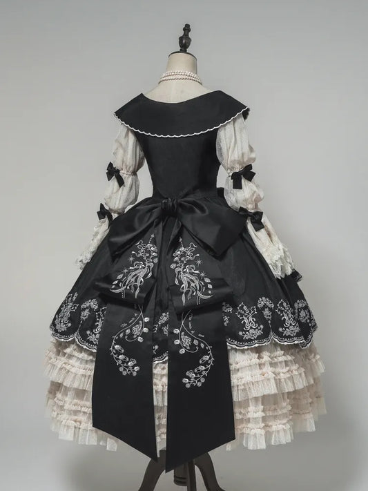 Floral Pink Train Green Embroidery / Bow Big Black