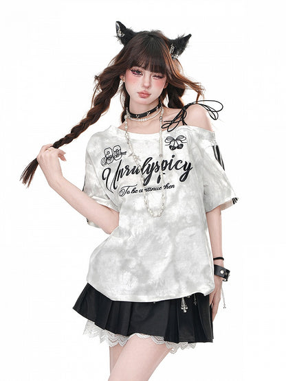 T-Shirt Loose White Asymmetrischer Ausschnitt Letter Bittersweet Print