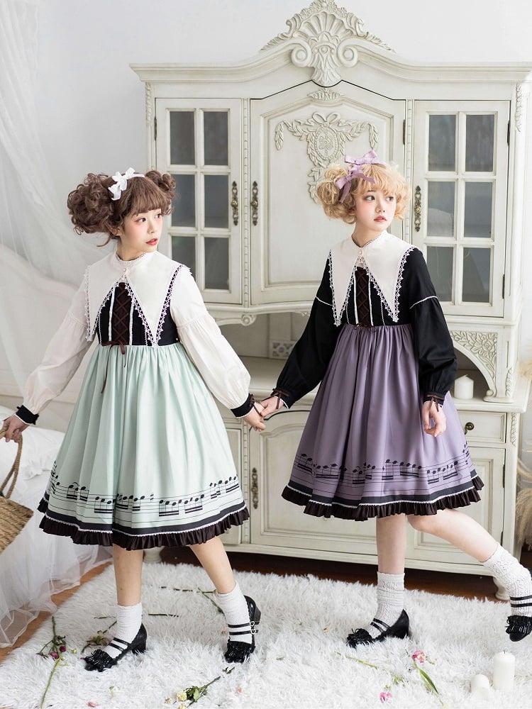Musical Note Green Autumn Lolita Long Sleeves Dress with Separate Pointed Collar