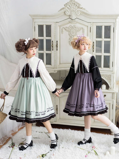 Musical Note Green Autumn Lolita Long Sleeves Dress with Separate Pointed Collar