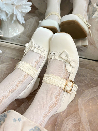 Mary Straps - White Janes Low/Mid Cutouts Elegant Lolita Pleated with Heel PU Floral