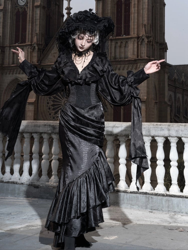 Gothic Asymmetrischer Rock Korsett mit Taillenstäbchen Kaskadierender hoher Lolita-Volant Meerjungfrauensaum Schwarz