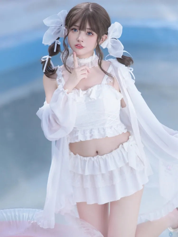 詳細 ティアードトリム ホワイト リボンフリルスカート + トップ 水着
