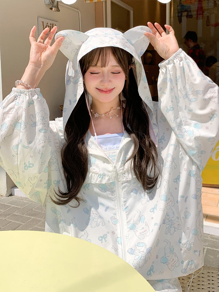 Ohren Kapuze Design Kitty Print Kitty Sonnenschutz Jacke Weiß Entzückend