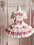 Pink Puff-Sleeved Tiered OP Sweet Lolita Dress Adorned with Bowknots & Heart Details - Sweet Crystal