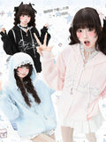 Accent with Bow Hoodie Letter Blue/Black/Pink and Print Lace-Trimmed