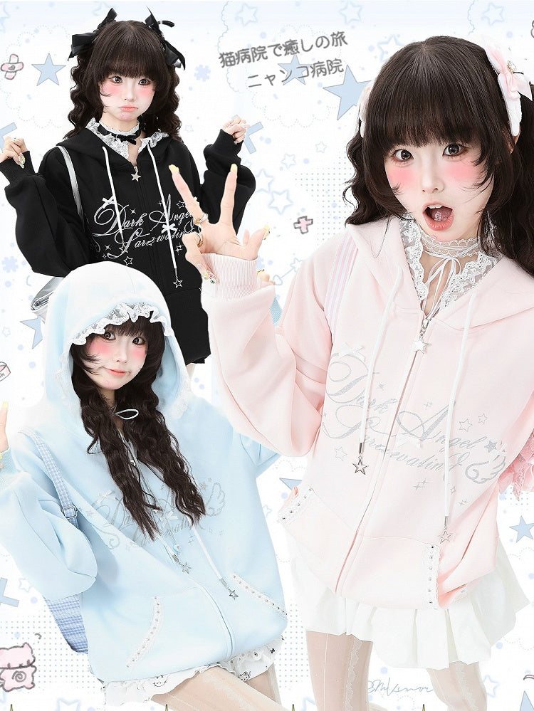 Accent with Bow Hoodie Letter Blue/Black/Pink and Print Lace-Trimmed