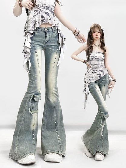 Verzierte Jeans, verblasste Bündchen, Y2K, ausgefranst, glamourös, blau, roh, Schlagtasche, Silhouette, gewaschen und