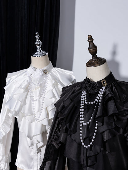 Black Layered Ruffled Jabot with Detachable Roses and Bead Chain - DevilInspired Exclusive Collection