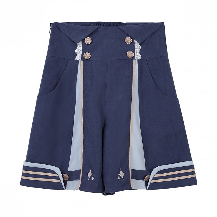Dark Lace Detail High-Waisted Blue Shorts with Lolita