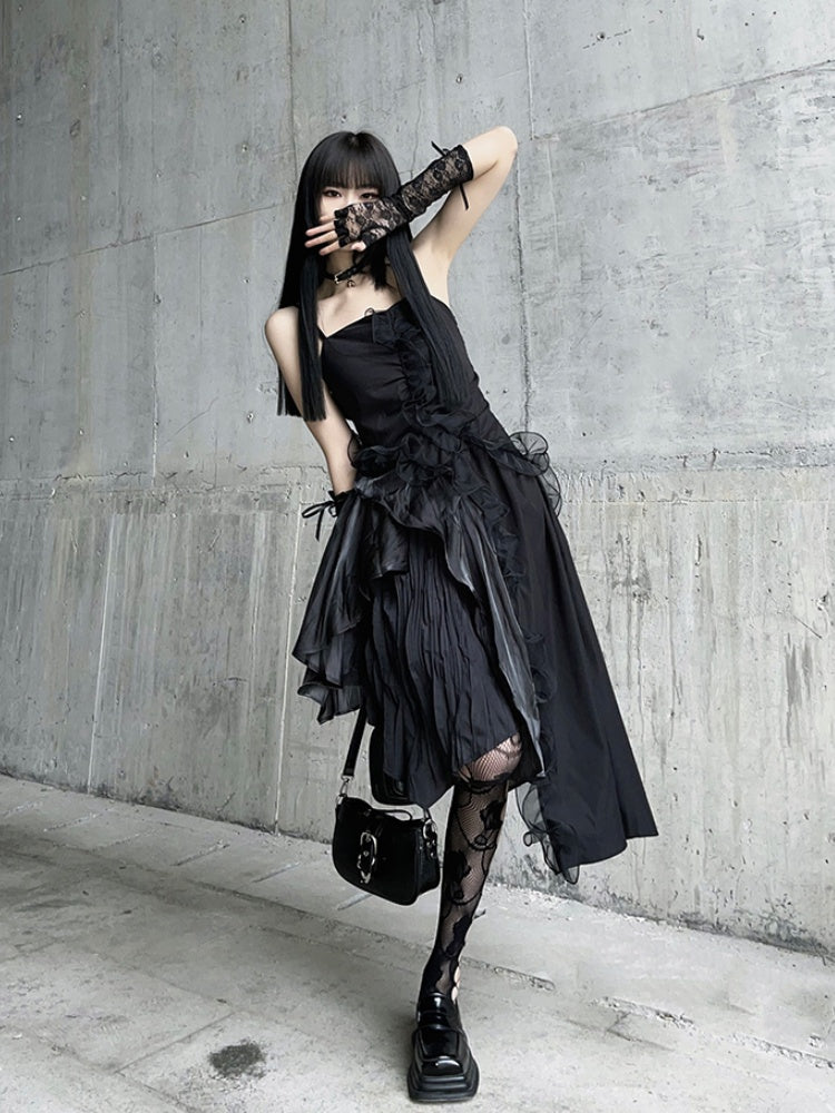 Black Asymmetrical Hem Flounce Trim Glamorous Cami Dress