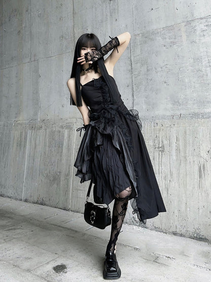 Black Asymmetrical Hem Flounce Trim Glamorous Cami Dress