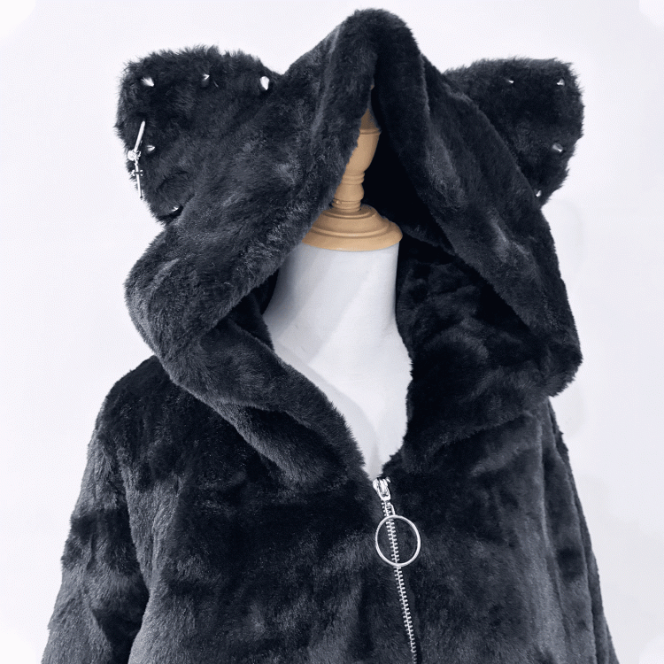 Details Kei for Studded with Plush Fall Cat-Ear Black and Jirai Winter Coat Hood