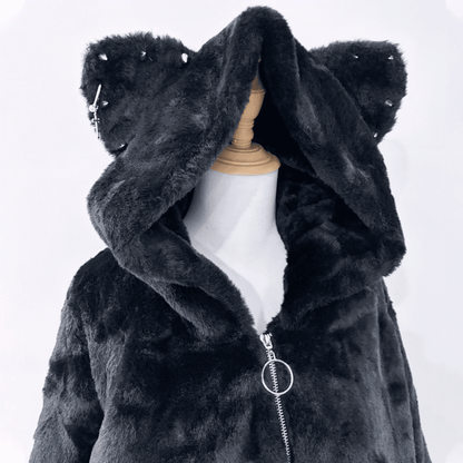 Details Kei for Studded with Plush Fall Cat-Ear Black and Jirai Winter Coat Hood
