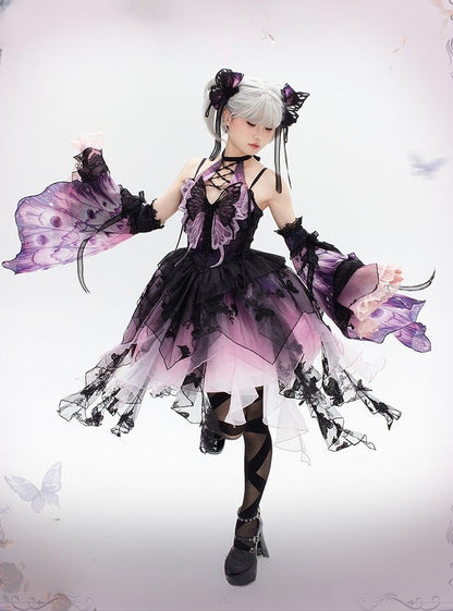 Purple Black Tulle with Hem Gothic Applique Dress Multi-Layer Halter Lolita Asymmetric Butterfly Lace-Up