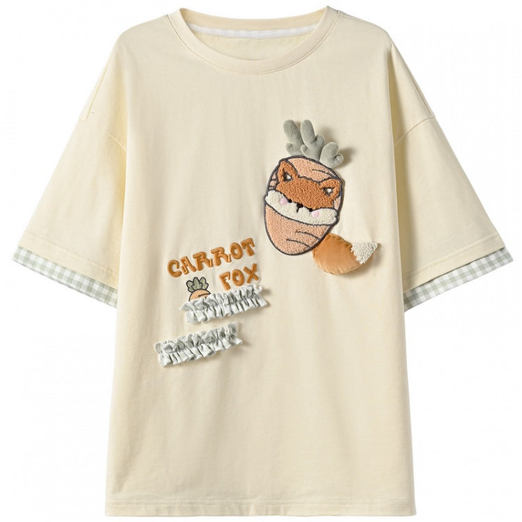 Neck Cutton Plush Crocodile/Fox Applique Apricot/Green Round T-Shirt