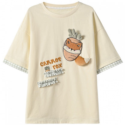 Neck Cutton Plush Crocodile/Fox Applique Apricot/Green Round T-Shirt