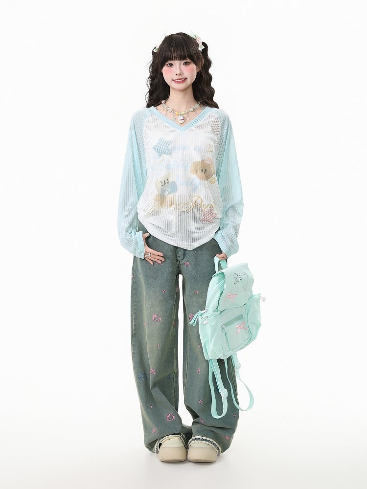 Apricot/Pink/Green Kawaii V-Neck Knit Top with Puppy Print - Long Sleeve Pullover
