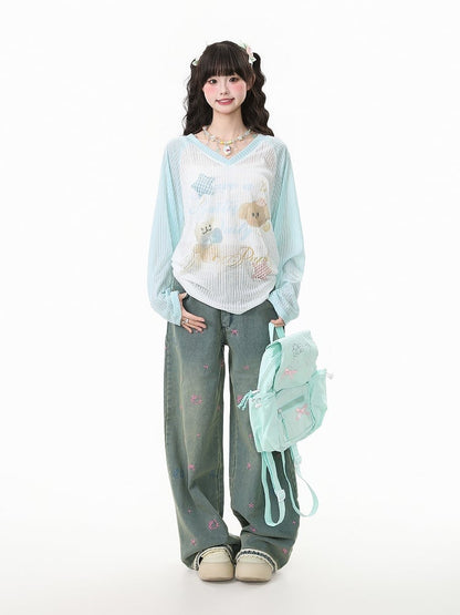 Apricot/Pink/Green Kawaii V-Neck Knit Top with Puppy Print - Long Sleeve Pullover