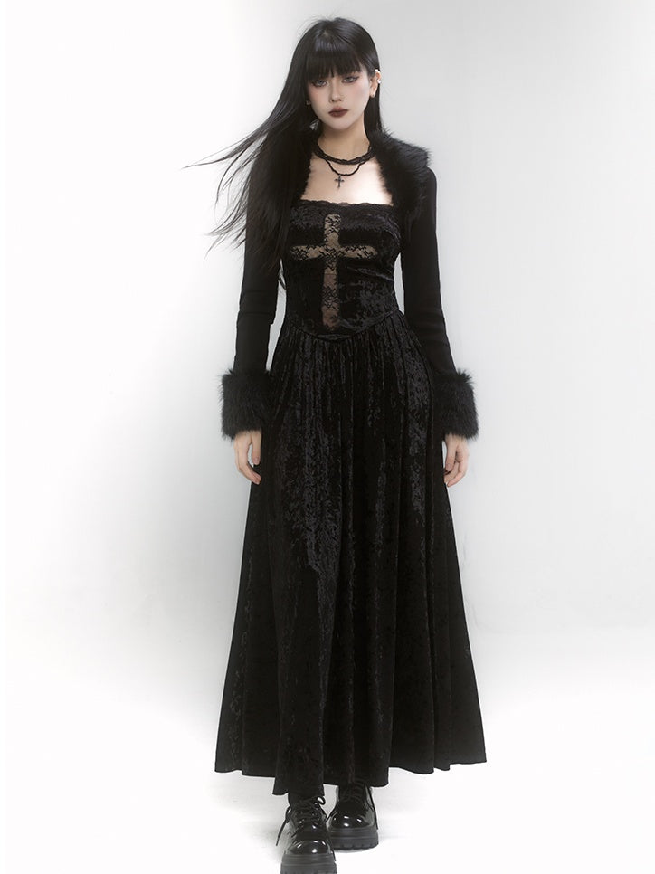 Gothic Black Velvet Square Neckline Lace Cross Dress