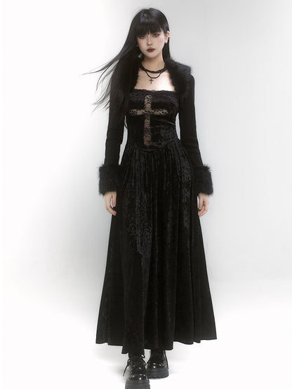Gothic Black Velvet Square Neckline Lace Cross Dress