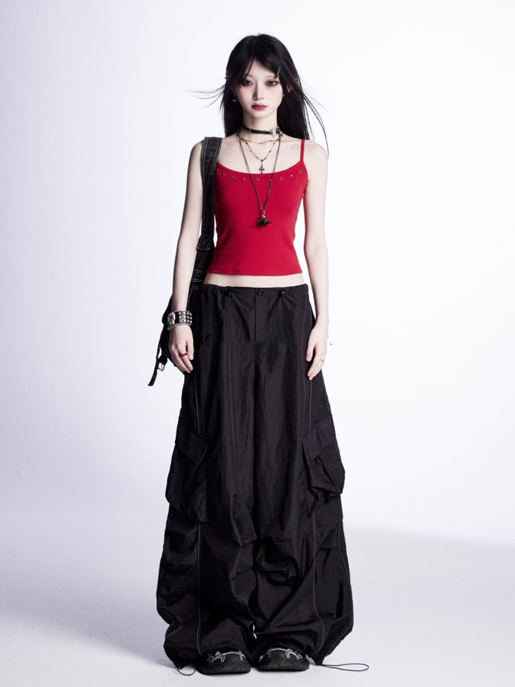 Weite Cargohose mit Kordelzug an den Bündchen Vintage Schwarz Niedrig