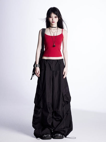 Weite Cargohose mit Kordelzug an den Bündchen Vintage Schwarz Niedrig