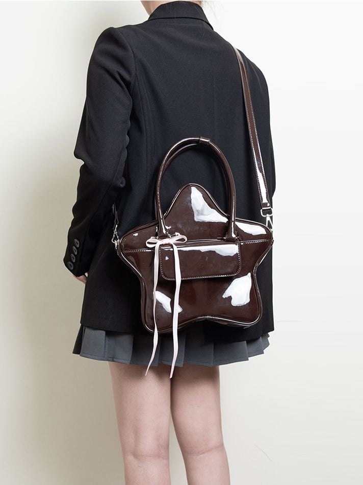 3-Way With Ribbon Bow Kawaii Glossy Black Star-Shaped Handbag