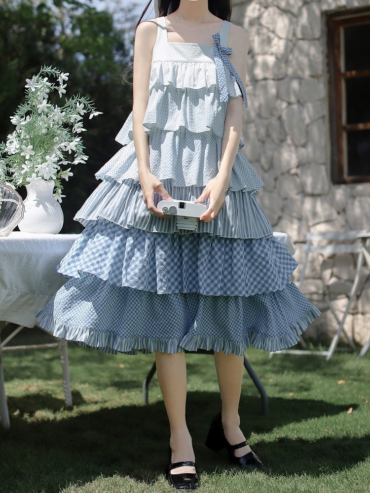 Blue with Patchwork Holiday Waist Sleeveless Dress Tiered Skirt Belt