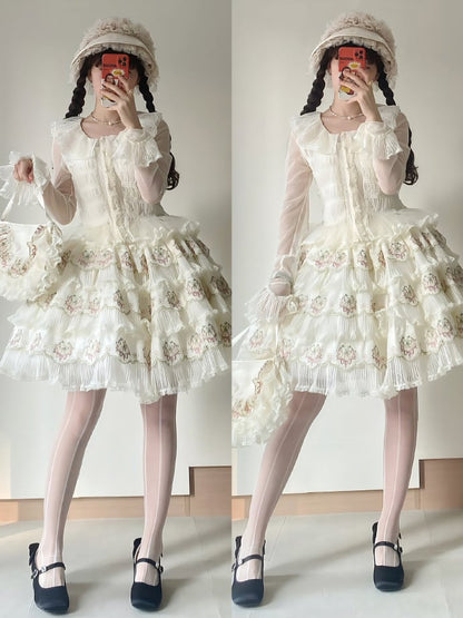Skirt Flower Elegant Embroidery with Green Pink Details Tencel Lolita Multi-Layered