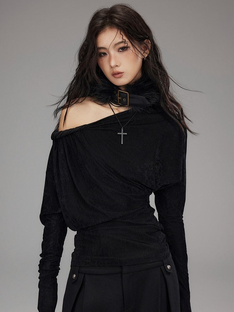 Black Velvet Asymmetrical Cutout Shoulder T-Shirt - Low pixel