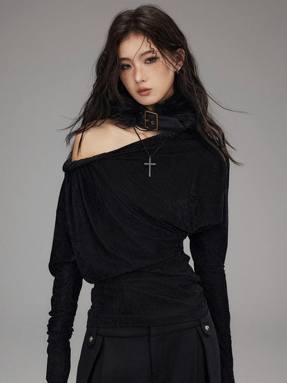 Black Velvet Asymmetrical Cutout Shoulder T-Shirt - Low pixel